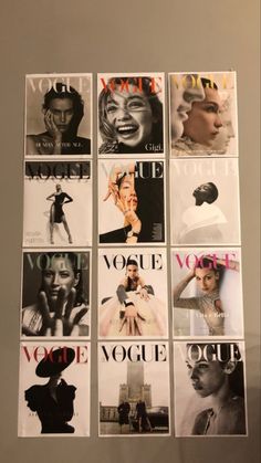 the covers of magazines are arranged in a grid pattern on a white wall with black and white photos