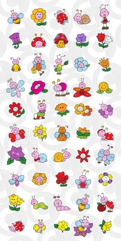 an image of many different cartoon characters on a white background with red, yellow and blue flowers