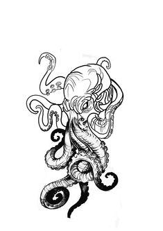 an ink drawing of an octopus with tentacles on it's back and head in the air