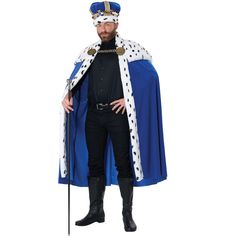 a man in a blue and white costume standing with his hands on his hips while wearing a crown