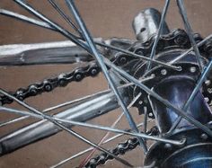 a painting of a bicycle wheel and chain