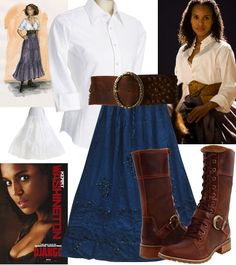 a woman in white shirt and blue skirt with brown boots