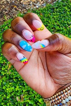 I love these bold, fun summer nails! The subtle clouds, smiley faces, and stars are the perfect unique nails. Cloud Nail Designs, Casual Weekend Style, Fun Summer Nails, Almond Nails Designs, Nail Design Ideas, Top Makeup Products, Almond Nail, Colorful Nail Designs, Smiley Faces