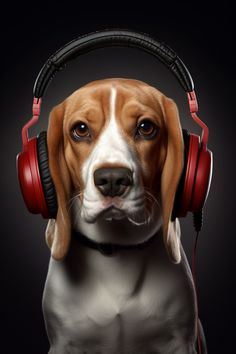 A photography of a beagle dog wearing red headphones posing in a black background. Vintage Headphones, Beagle Dogs, Cute Beagles, Beagle Puppy, Beagle Dog