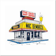 a drawing of a five easy hot dogs restaurant with the words mac demaco written on it