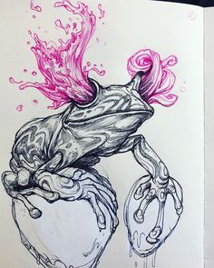 a drawing of a frog sitting on top of a pot filled with pink liquid and sprinkles