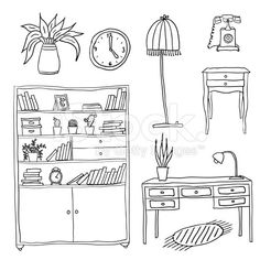 black and white line drawing of living room with desk, bookshelf and clock