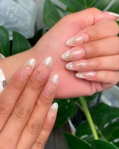 Cute Bridal Nails, Celestial French Tip Nails, Gold Detailed Nails, Elevated French Tip, Gold Nails 2023, Gel X Nails Spring, Gold Goddess Nails, Structure Nails, Gold Fleck Nails