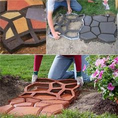 several pictures of different types of bricks in the ground and on the ground, with flowers growing out of them