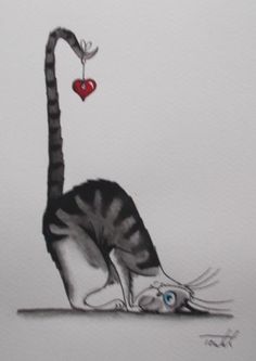 a drawing of a cat with a heart hanging from it's neck and tail