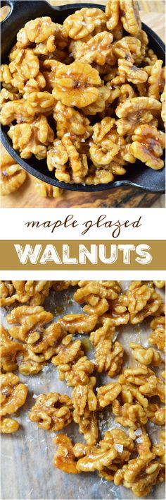 walnuts are being cooked in a cast iron skillet and then coated with maple syrup