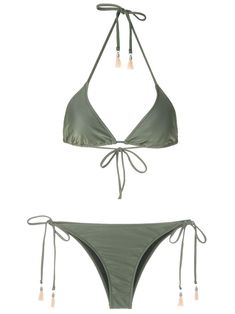 Green Maya bikini set from Lygia & Nanny featuring a triangle top with a removable bra support, tassel detailing, and a bottom with side tie fastenings, internal elasticated straps for added comfort and a satin-like fabric with a fresh touch. Swimwear must be tried on over your own garments. Gymwear Outfits, Boho Swimwear, Cute Bathing Suits, Summer Bikinis, Cute Bikinis, Support Bras, Vintage Girls, Nanny, Street Styles