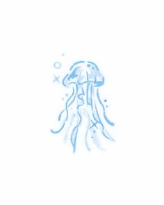 a drawing of a jellyfish in blue ink on white paper with water droplets and stars