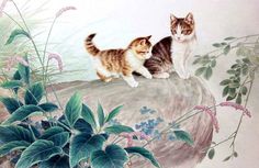 two kittens standing on top of a rock surrounded by plants