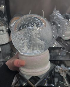 a snow globe is being held up by someone's hand