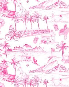 a pink and white wallpaper with different types of things on it, including palm trees