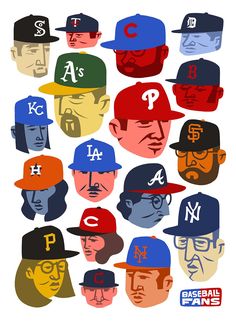 a group of baseball players with different hats on their heads, all in different colors