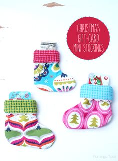 three christmas gift card mini stockings are shown