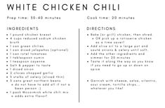 the ingredients for white chicken chili are shown in black and white text on a white background