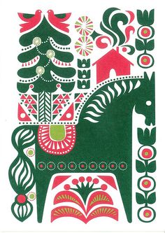 a green horse with red and white designs on it