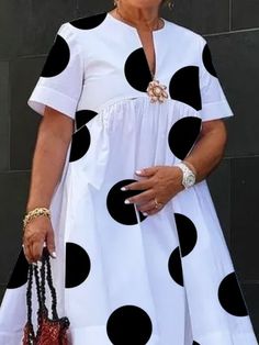 Plus Size Loose Others Urban Polka Dots Short Sleeve Midi Dress Pleated Party Dress, Evening Midi Dress, Design Dresses, Polka Dot Shorts, African Fashion Women, Classy Casual, African Design Dresses, Latest African Fashion Dresses