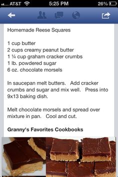 the recipe for homemade peanut butter bars is displayed on an iphone screen, along with other ingredients