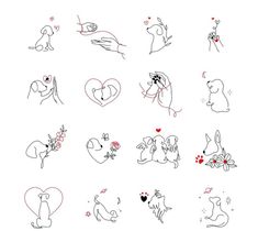 various drawings of animals and hearts on a white background