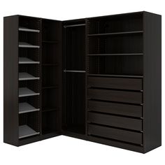 an open closet with shelves and drawers on the bottom shelf, in front of a white background