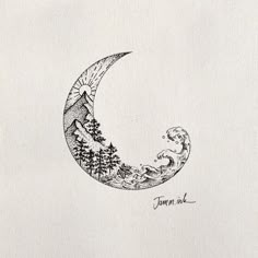 a drawing of a crescent moon with trees on it