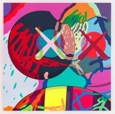 an abstract painting with multicolored shapes and numbers on the bottom right hand corner