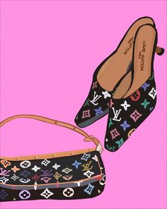 two louis vuitton shoes and a purse on a pink background