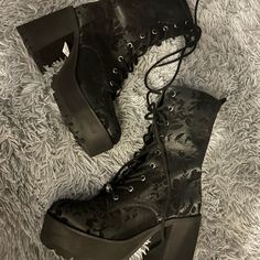 These Boots Were Won In An Online Auction From Whatnot Directly From Dolls Kill. Gothic Prom Shoes, Hoco Boots, Romantic Goth Shoes, Black Boots Heel, Fairy Grunge Shoes, Goth Shoes Aesthetic, Dolls Kill Heels, Dolls Kill Boots, Alternative Boots