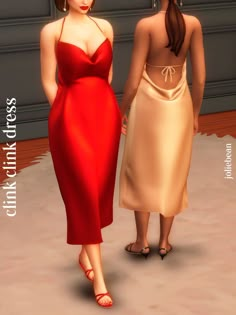 two women in dresses standing next to each other on a carpeted floor, one wearing a red dress