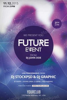 a flyer for a future event with an abstract background and purple circles in the middle