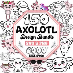 the logo for axolot design bundle svg and png is surrounded by cartoon animals