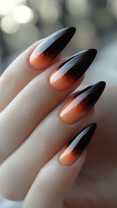 Get into the Halloween spirit with a striking Black and Orange Ombre nail design! This bold gradient adds a festive pop to your look. Click the pin and follow us for more Halloween nail inspiration! 🎃🖤🧡 #OmbreNails #HalloweenNails #NailArt #SpookyStyle #FallNails Orange And Black Halloween Nails Acrylic, Black Orange Ombre Nails, Black And Orange Ombré Nails, Halloween Ombre Nails Coffin, Simple Spooky Nails Almond, Black Ombre Halloween Nails, Black Ombre Nails Acrylic, Matte Black And Orange Nails, Monster Nails Halloween