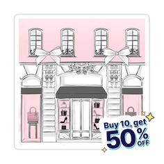 a pink building with black and white trim on the front, and 50 % off