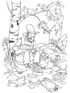 an old man is sitting in the woods with his dog and ducklings around him