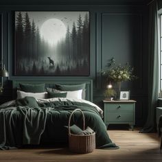 a bedroom with dark green walls and wooden floors, an art work on the wall