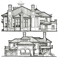 two architectural drawings of the front and back of a house