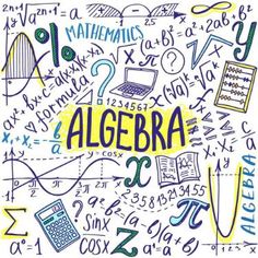 the word algebra surrounded by doodles and numbers