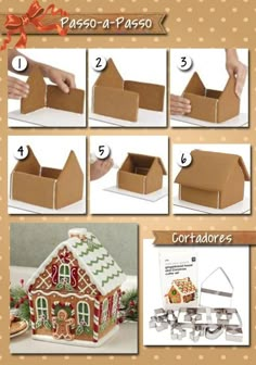 instructions on how to make a gingerbread house with cardboard boxes and cookie cutters