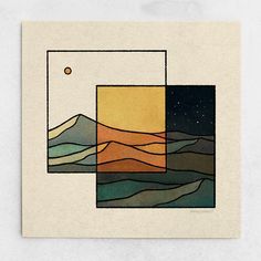 an abstract painting with mountains and stars in the sky, on top of a piece of paper