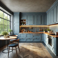 a kitchen with blue cabinets and wooden floors, along with a round dining table in the center