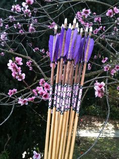 several wooden arrows are lined up in front of some pink and purple flowers on a tree