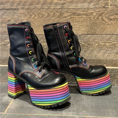 These Club Exx Rainbow Striped Lace Up Platforms Are The Die For! They Are In Fantastic Condition And Have Only Been Worn A Couple Times! They Are Sold Out On Dolls Kill And Are Super Comfortable. Unisex Size 11 Ftm Tips, Painted Boots, Kidcore Aesthetic, Couple Time, Rainbow Stripes, Platform Boots, Dolls Kill, A Couple, Cool Outfits