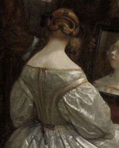 a painting of a woman looking at herself in the mirror with her hair pulled back