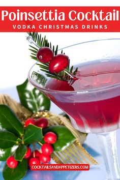 a drink in a glass with holly on the rim and red berry garnish