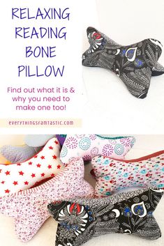 several different types of pillows with the words relaxing reading bone pillow on top and bottom