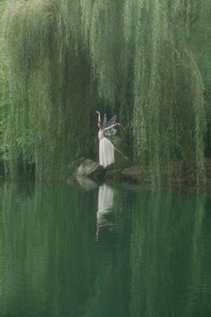 a woman standing on a rock in the middle of a lake with willow branches hanging over her head